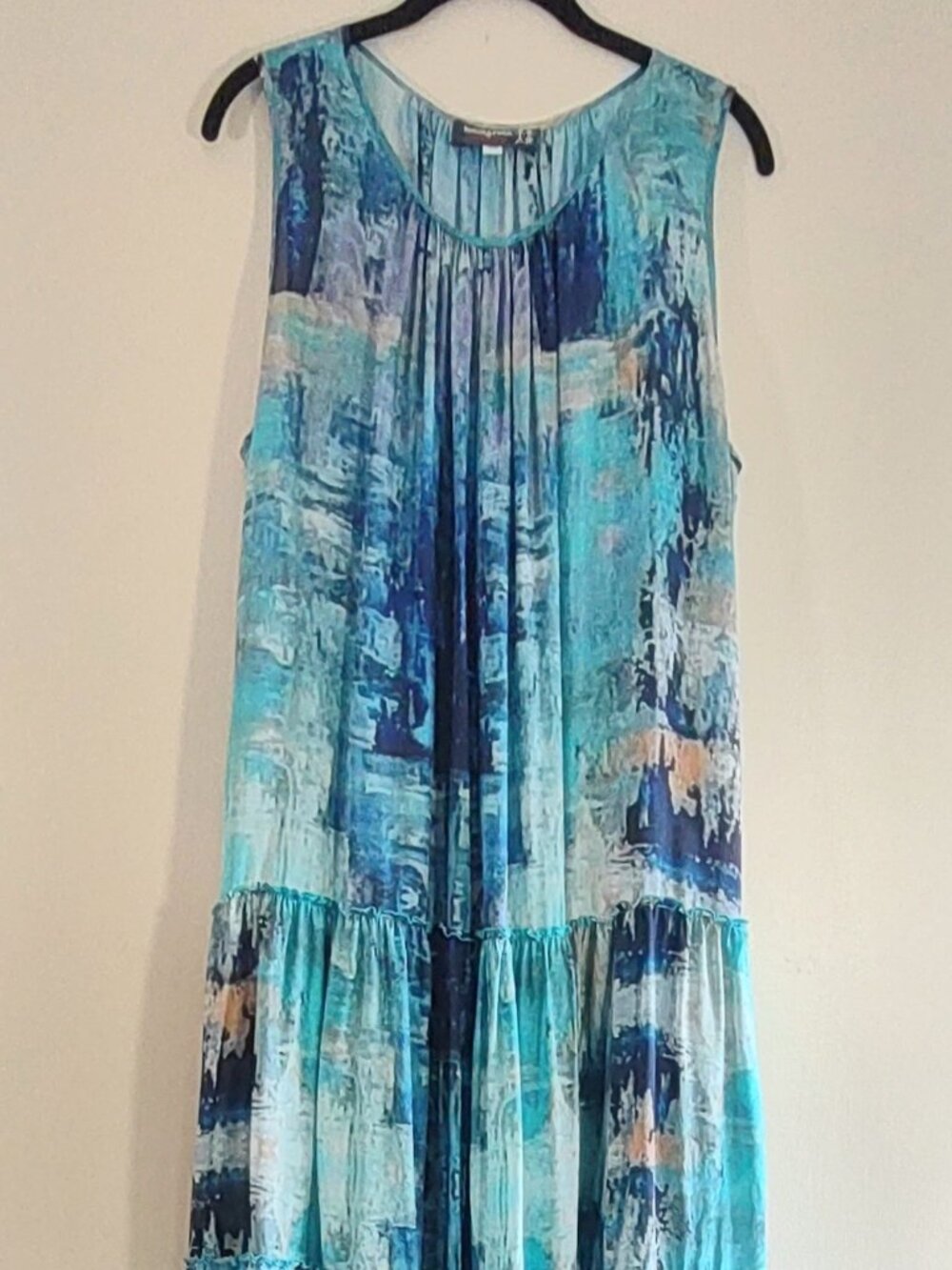 Johnny Was Mint Tiered Silk Maxi Dress Size Large Sea Blue Boho Chic Beach - Picture 8 of 15